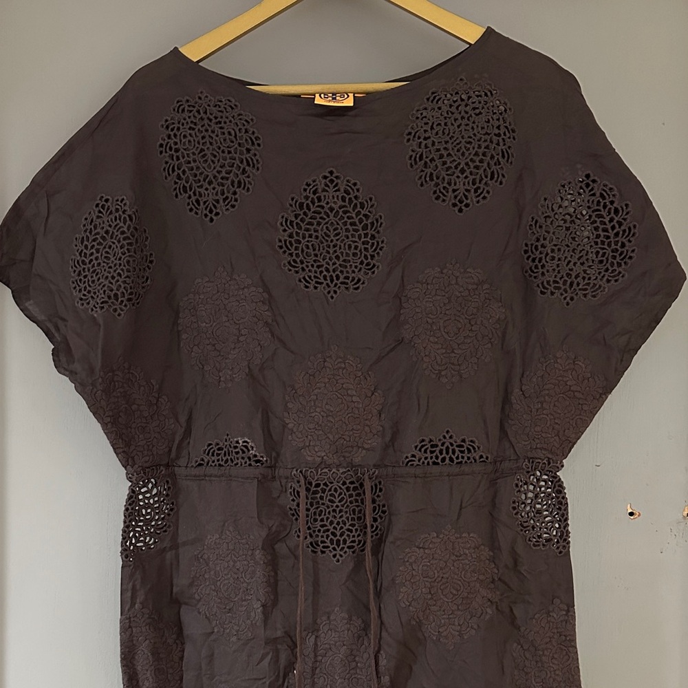 Tory Burch Brown Eyelet Drawstring Dress Swim CoverUp Beach Resort Vacation Sz S